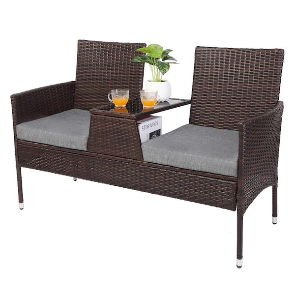 VINGLI Brown Wicker Outdoor Loveseat with Gray Cushions and Built in Table