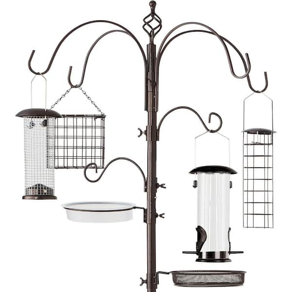 Unbranded 6-Hook Bird Feeding Station Steel Multi-Feeder Kit Stand w/ 4 Bird Feeders, Mesh Tray, Bird Bath, 5-Prong Base Bronze