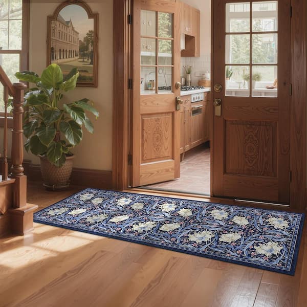 Blue 2 ft. x 6 ft. Anti-Slip Plant Print Rug Vintage Machine Washable Low Pile Foldable for Bedroom Corridor Kitchen