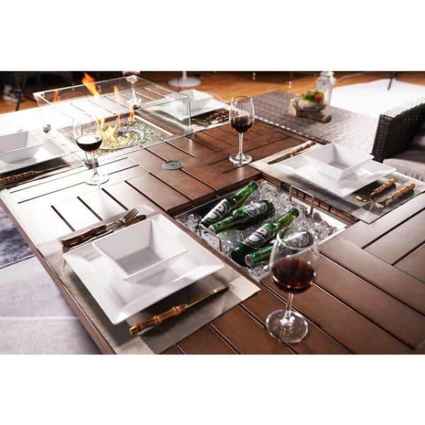 Fire and Ice Brown 7-Pieces Wicker Patio Conversation Fire Pit Table Sofa Set with Ice Bucket and 2 Storage Box