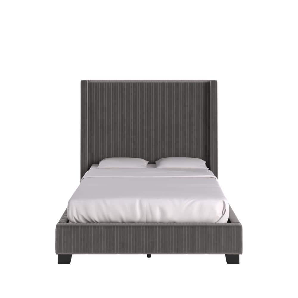 Front view of a gray pleated velvet full wingback bed.