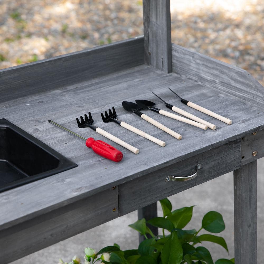 Gray Wooden Potting Bench with Sink and Storage