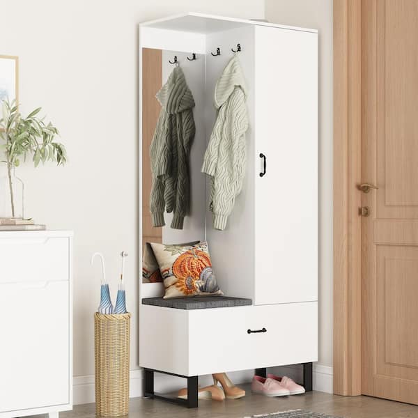 FUFU&GAGA 70.9 in. H Wood Hall Trees Coat Rack in White With Full-length Mirror Bench Bag Shoe Storage Double Hooks Drawer