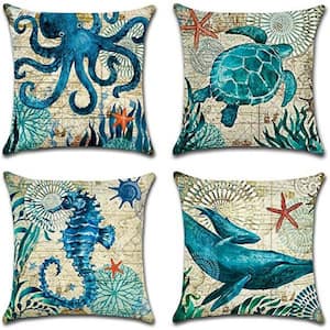 18 in. x 18 in. Blue Marine Decorative Outdoor Throw Pillow Covers Life Pattern Waterproof Cushion Covers (Set of 4)