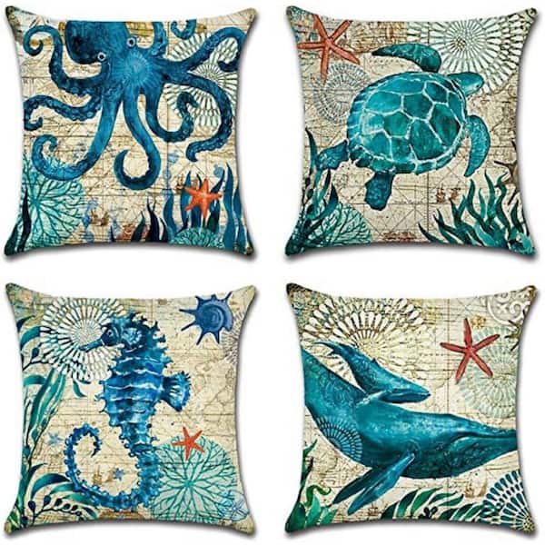 Unbranded 18 in. x 18 in. Blue Marine Decorative Outdoor Throw Pillow Covers Life Pattern Waterproof Cushion Covers (Set of 4)