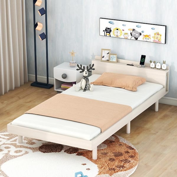 Nestfair White Washed Wood Frame Twin Size Platform Bed with Built-in USB Ports