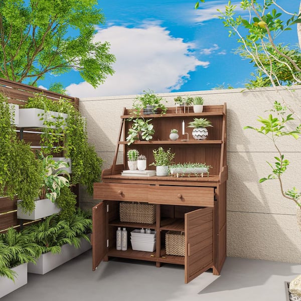47.2 in. W x 65 in. H Wood Brown Potting Bench Table with Storage