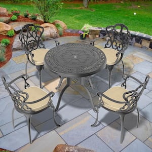 Lily Black 5-Piece Cast Aluminum Outdoor Dining Set with Round Table and Dining Chairs with Random Color Cushion