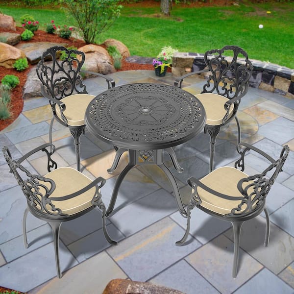 Willit Lily Black 5-Piece Cast Aluminum Outdoor Dining Set with Round Table and Dining Chairs with Random Color Cushion
