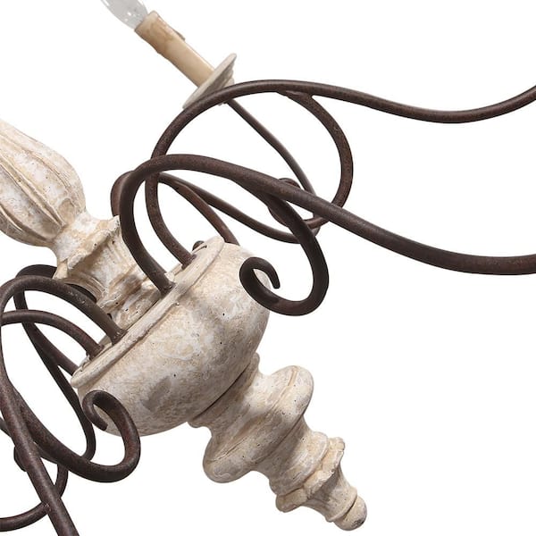 37 in. 6-Light Wood Candlestick Distressed White Farmhouse Chandelier Living Room with Farmhouse French Country Flair