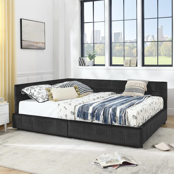Farley Black Velvet Upholstered Queen Size Daybed with Storage Drawers, Tufted Bed Frame, Armrests
