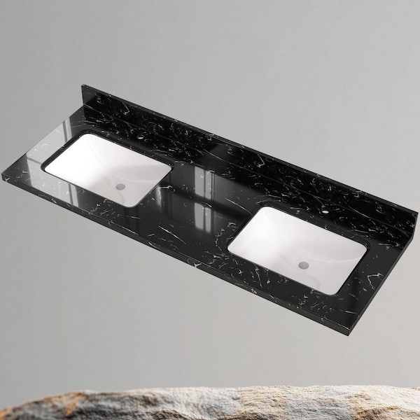 60 in. W x 22 in. D Quartz Stone White Rectangular Undermount Double Sink and 4 in. H Backsplash Vanity Top in Black