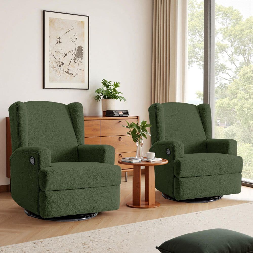 Luxury Green Teddy Fabric Wingback Manual Swivel Recliner with Rocking(Set of 2)