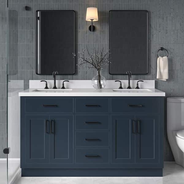 ARIEL Hepburn 61 in. W x 22 in. D x 36 in. H Bath Vanity in Midnight Blue with Pure White Quartz Vanity Top with White Basins