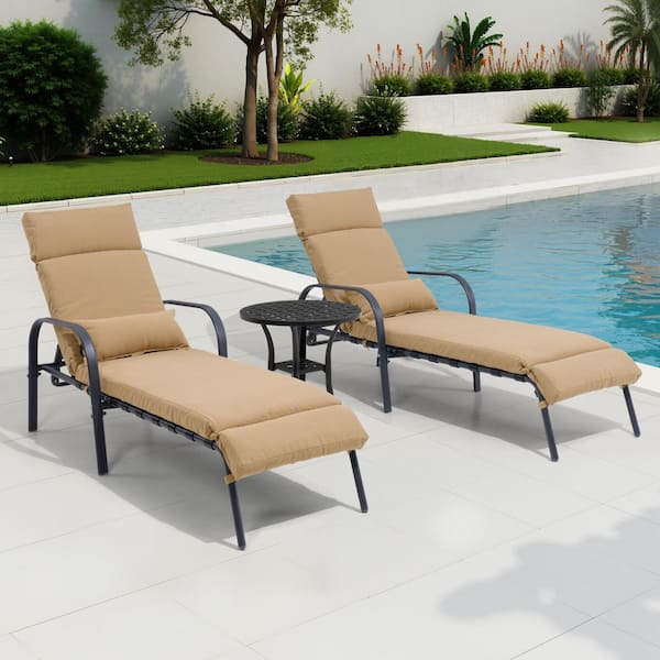 3-Piece Adjustable Metal Outdoor Chaise Lounge in Tan with Cushions and Table Set