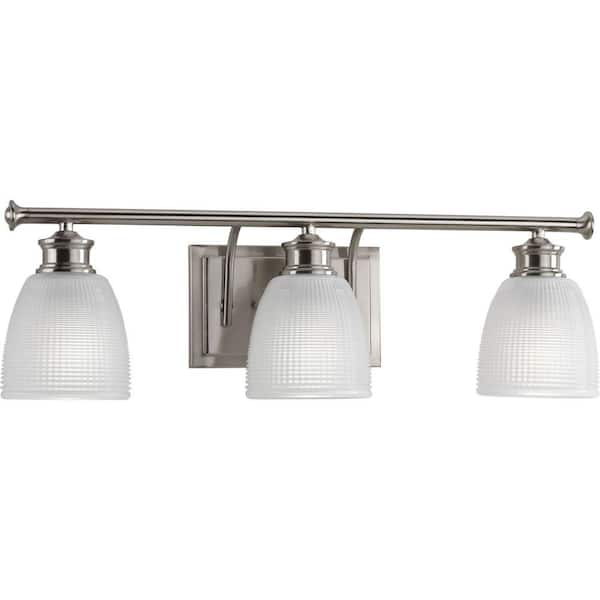 Progress Lighting Lucky Collection 3-Light Brushed Nickel Frosted Prismatic Glass Coastal Bath Vanity Light