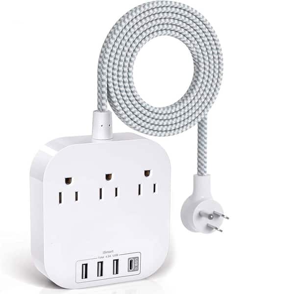 3-Outlet 5 ft. Braided Extension Cord, Non Surge Protector Power Strip with 3-Outlets, USB C, 4 USB Ports, White