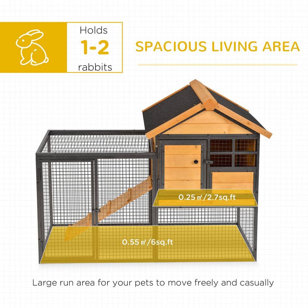 Natural Fir Wood and Metal 2-Level Rabbit Hutch with Asphalt Roof