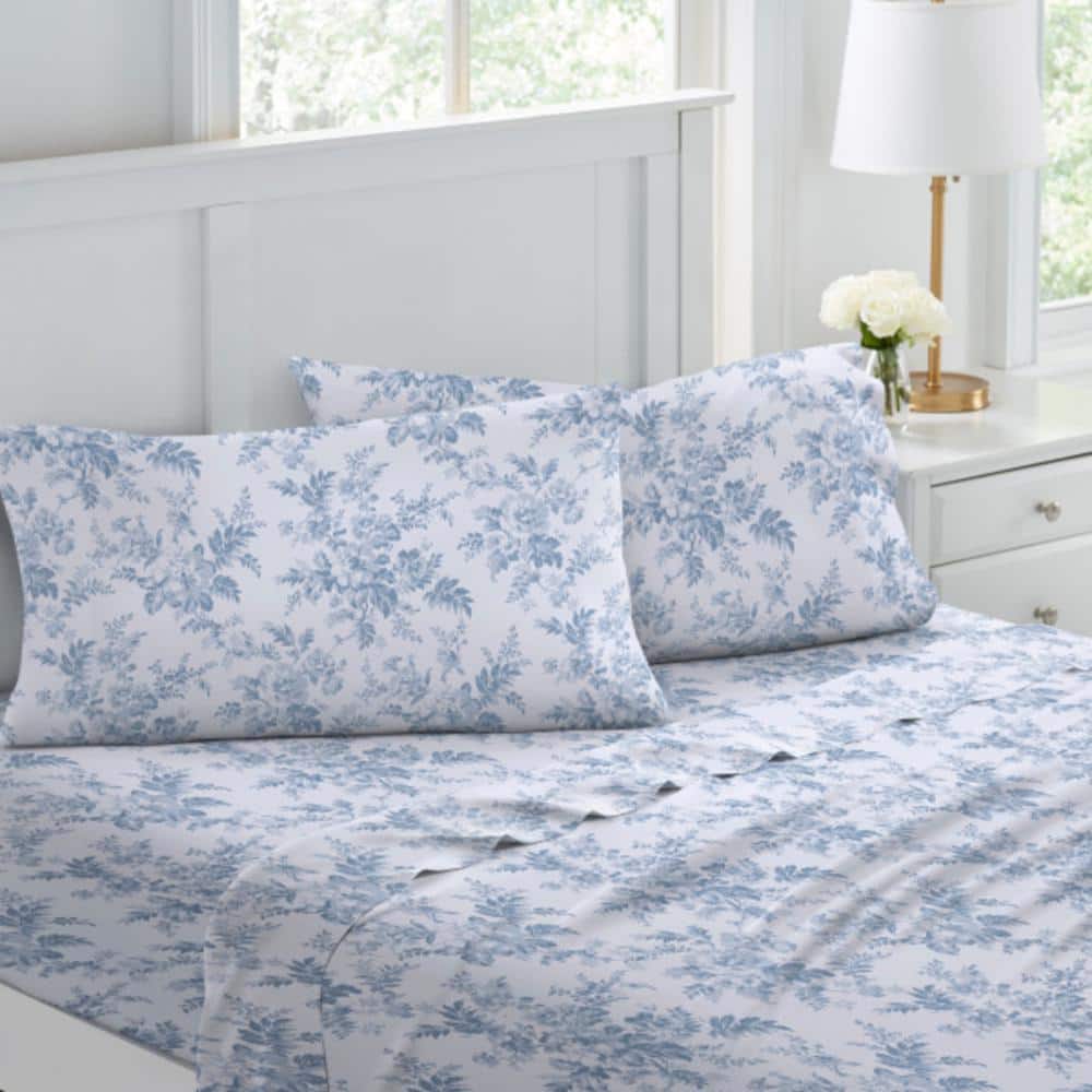 Vanessa Blue Floral Cotton Twin Flannel Sheet Set