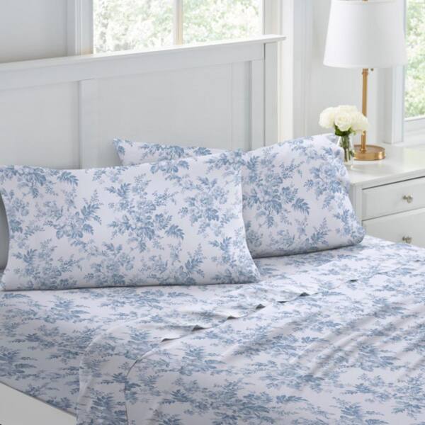 Laura Ashley Vanessa Flannel 3-Piece Blue Floral Cotton Twin Sheet