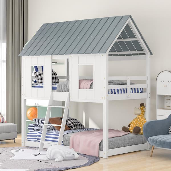 Harper & Bright Designs White Twin Over Twin Low Bunk Bed with Roof and 2 Front Windows