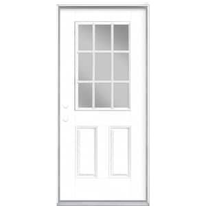 36 in. x 80 in. 9 Lite White Right-Hand Inswing Painted Smooth Fiberglass Prehung Front Exterior Door with No Brickmold