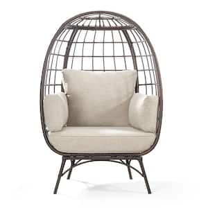 Brown Swivel Wicker Egg Outdoor Lounge Chair with Beige Cushions for Patio, Living Room