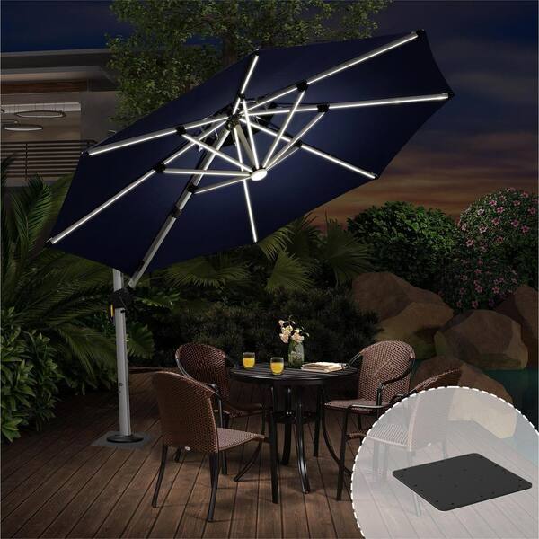 PURPLE LEAF 10 ft. Octagon Aluminum Solar Powered LED Patio Cantilever Offset Umbrella with Base Plate, Navy Blue