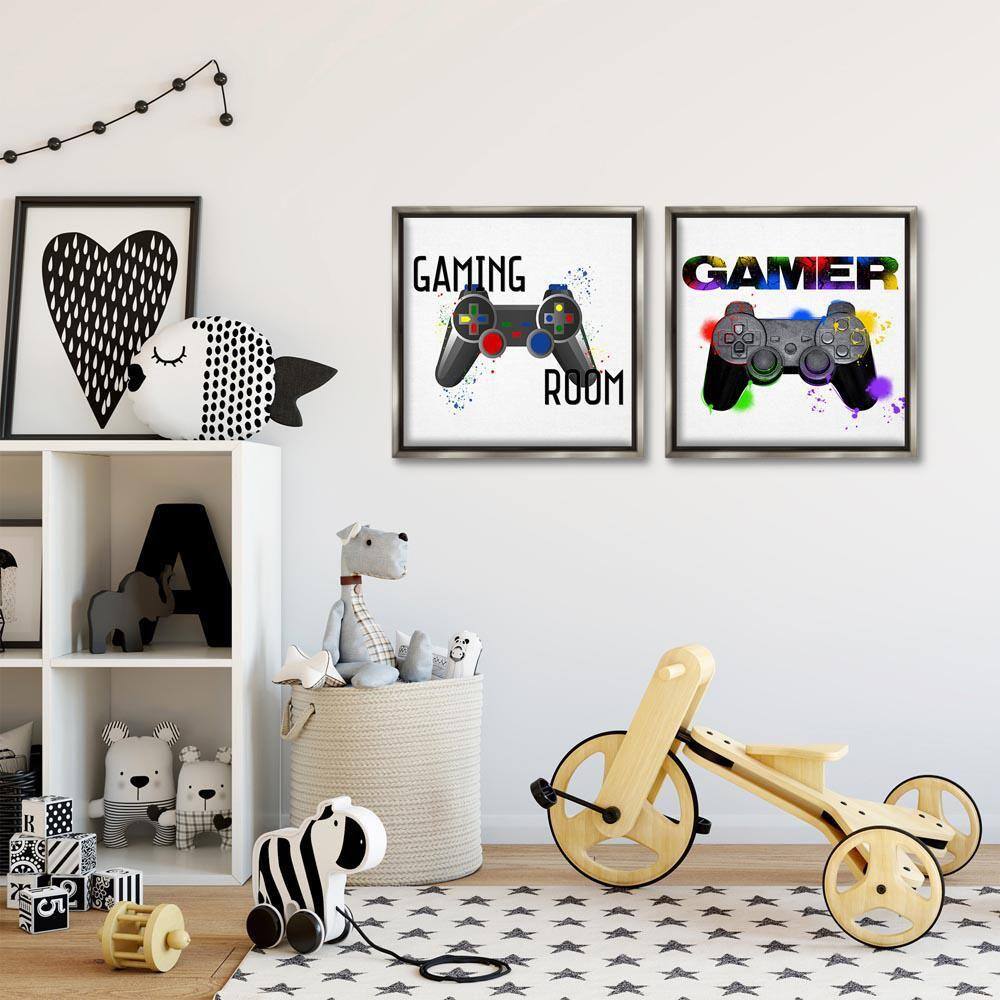 Retro Gaming Room Control 2-Piece Gray Floater Frame Typography Graphic Art Print 18 in. x 18 in.