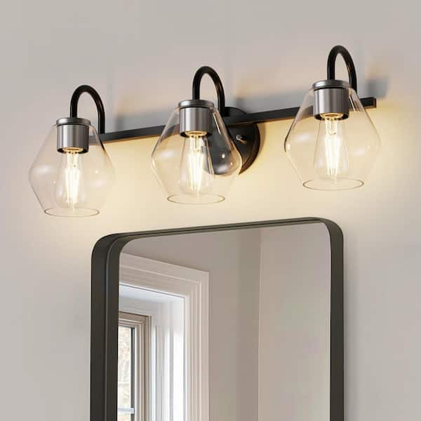 YANSUN 25 in. 3-Light Black Vanity Light with Clear Cone Glass Shades for Bathroom, Mirror, Hallway