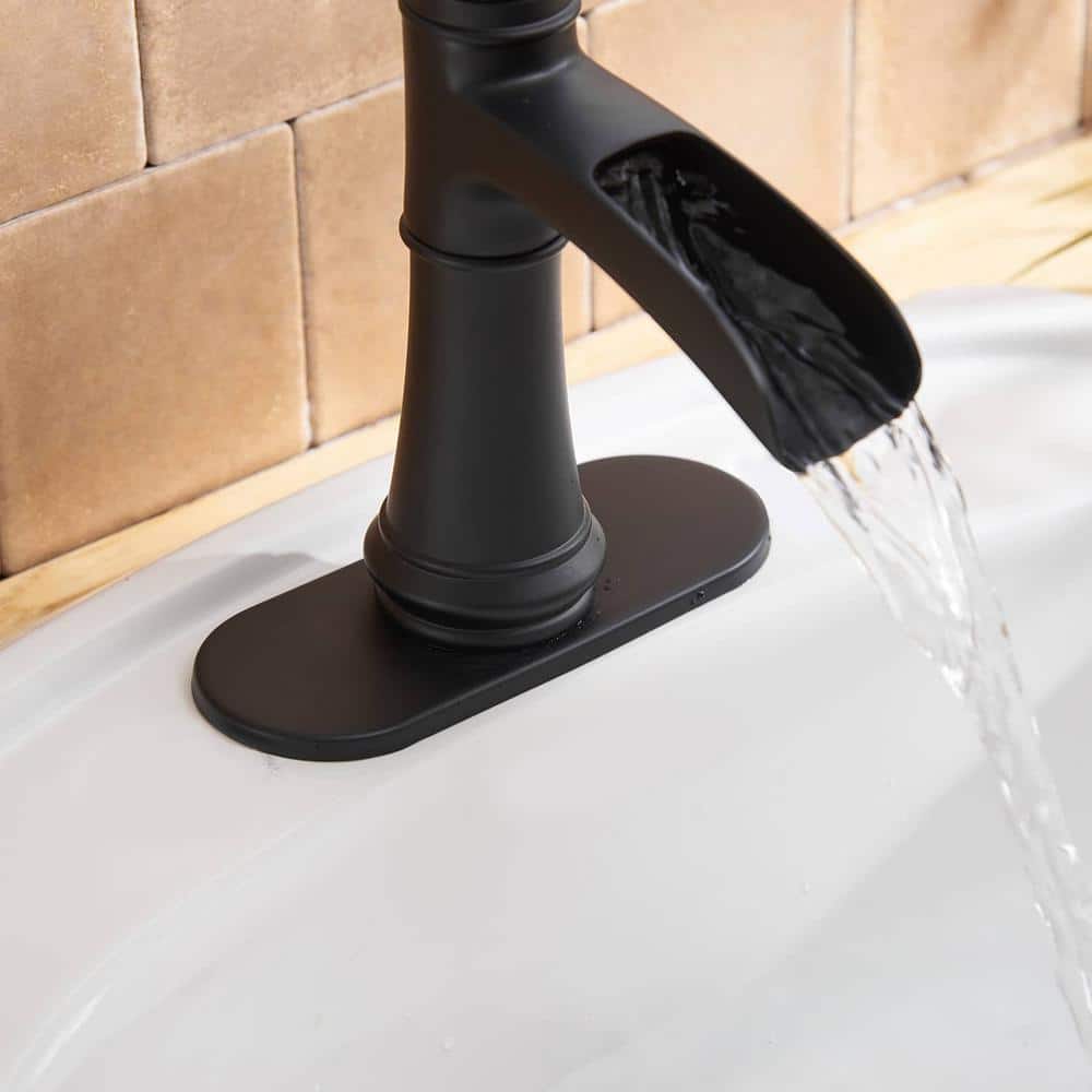 Matte Black Single Handle Waterfall Bathroom Faucet with Drain Assembly