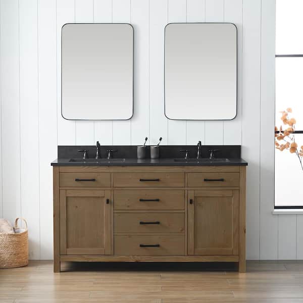 SUDIO Jasper 60 in. W x 22 in. D x 34 in. H Double Sink Bath Vanity in Textured Natural with Blue Limestone Top