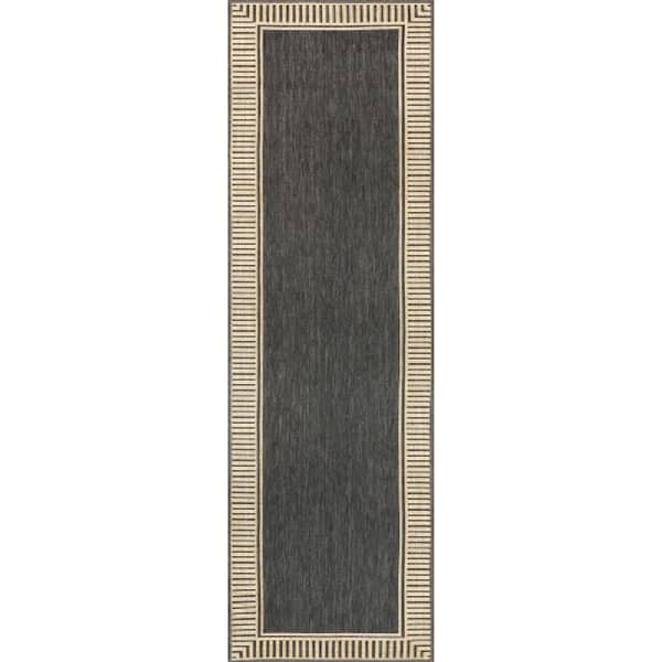 Dark Grey 2 ft. x 6 ft. Striped Border Flatweave Outdoor Area Rug