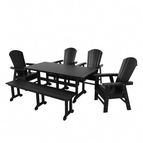 Altura Outdoor Patio Weather Resistant 6-Piece HDPE Plastic Black Rectangle Adirondack Dining Set With Bench