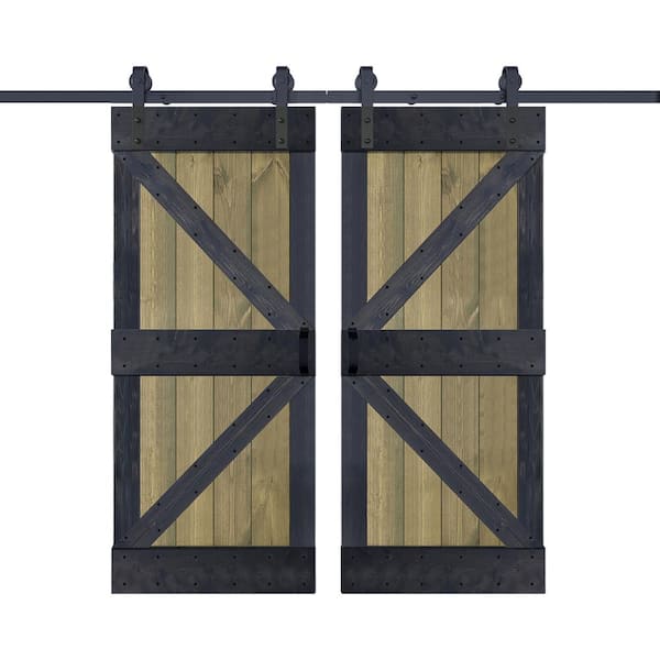 ISLIFE K Series 72 in. x 84 in. Aged Barrel/Carbon Gray Finished DIY Solid Wood Double Sliding Barn Door with Hardware Kit
