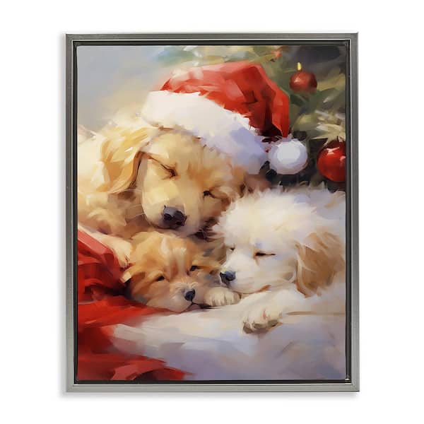 Stupell Industries Christmas Puppies Tree by Enrico McGarrigle 1 Piece Floater Frame Graphic Print Animal Poster Art Print 21 in. x 17 in.