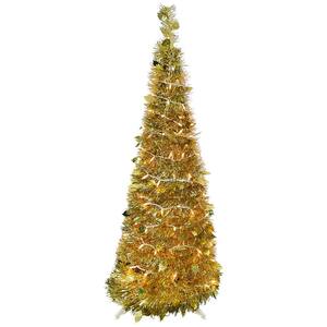 4 ft. Gold Pre-Lit Tinsel Pop-Up Artificial Christmas Tree, Clear Lights