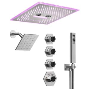 16 in. AuroraMist LED Shower 17-Spray Dual Ceiling Mount Fixed and Handheld Shower Head 2.5 GPM in Brushed Nickel