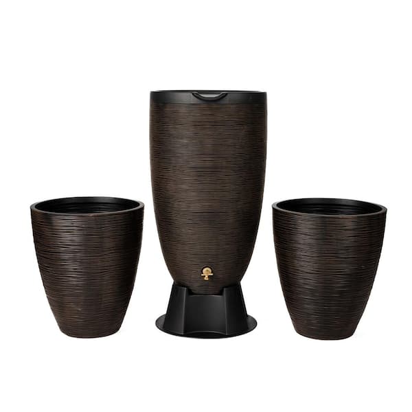 RTS Home Accents 50 Gal. Polyethylene Newport Rain Barrel, Rain Barrel Stand and Planter Bundle, Bronze Color