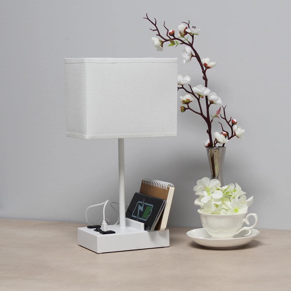White Rectangular Nightstand Lamp with USB Ports and Charging Outlet