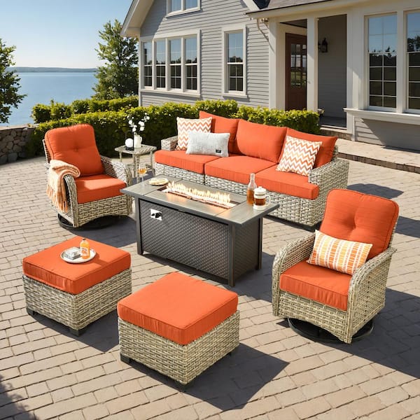HOOOWOOO Kelleys 9-Piece Wicker Modern Outdoor Patio Fire Pit Conversation Sofa Set with Swivel Chairs and Orange Red Cushions