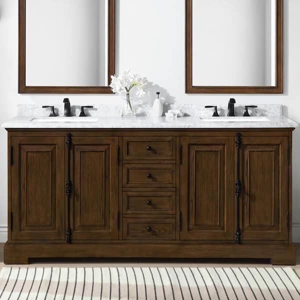 Home Decorators Collection Clinton 72 in. W x 22 in. D x 34 in. H Double Sink Bath Vanity in Antique Coffee with Carrara Marble Top