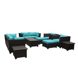 Barbados 12-Piece Wicker Outdoor Patio Conversation Sectional Seating Group with Aruba Blue Cushions