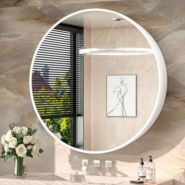 KeonJinn 26 in. W. x 26 in. H Round White Metal Framed Recessed/Surface ...