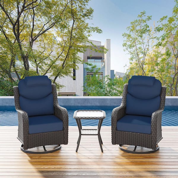 Smiley 3-Piece Brown Wicker Outdoor Rocking Chairs Patio Swivel Chairs with Headrest, Blue Cushions and Side Table