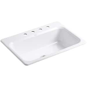 Bakersfield Drop-In Cast Iron 31 in. 4-Hole Single Bowl Kitchen Sink in White with Basin Rack