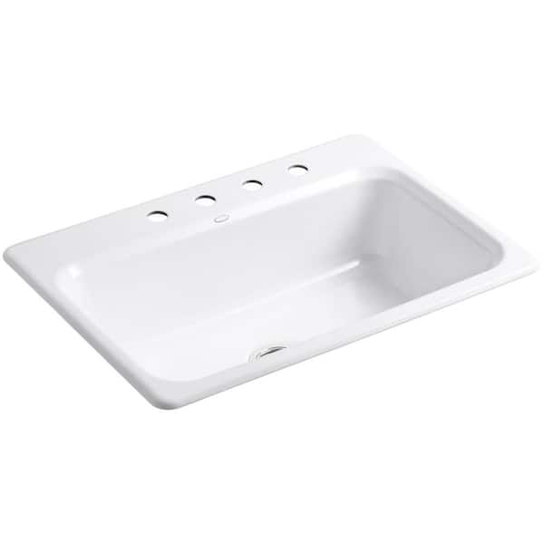KOHLER Bakersfield Drop-In Cast Iron 31 in. 4-Hole Single Bowl Kitchen Sink in White with Basin Rack