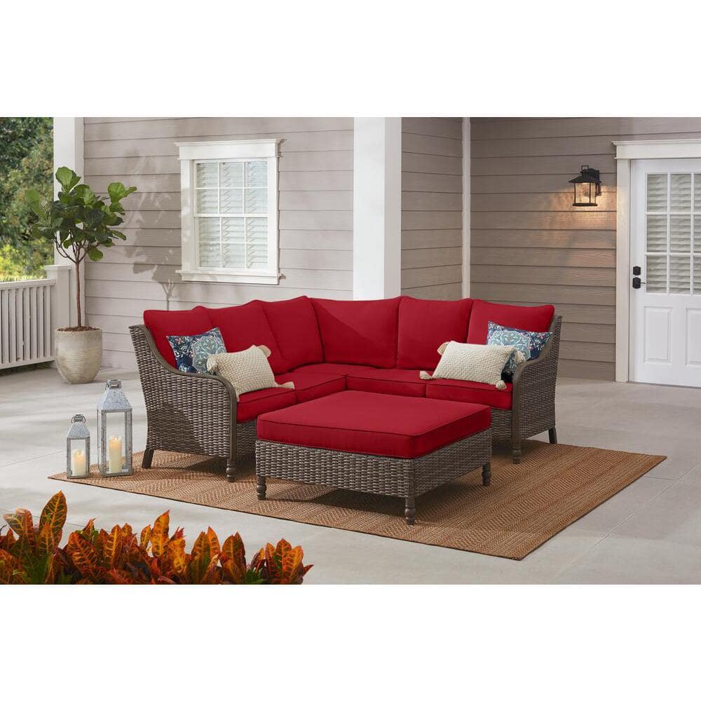 Windsor 4-Piece Brown Wicker Outdoor Patio Sectional Sofa with Ottoman and CushionGuard Chili Red Cushions -  Hampton Bay, H193-01193800