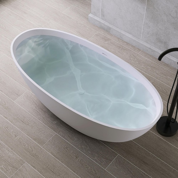 65 in. x 29.5 in. Stone Resin Solid Surface Matte Flatbottom Freestanding Soaking Bathtub in White