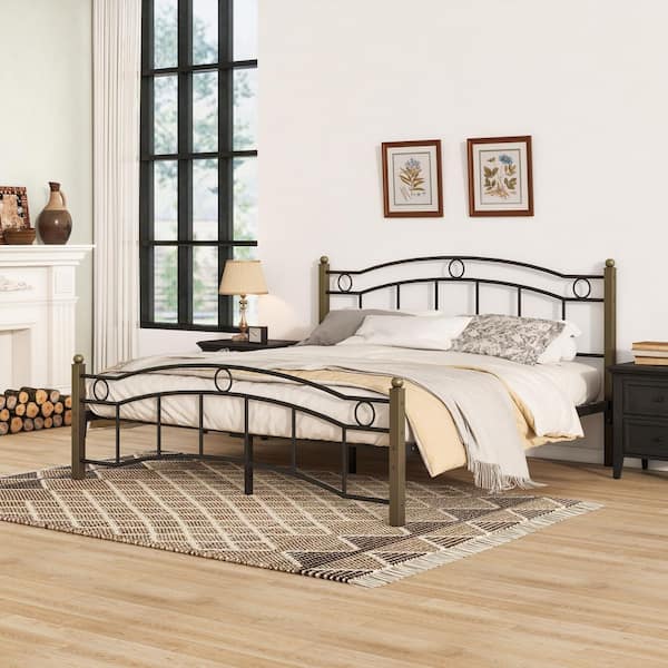 Bouvardia Modern Multi-Colored Metal Frame Queen Size Platform Bed with Wavy Slatted Headboard and Footboard, Black+Gold